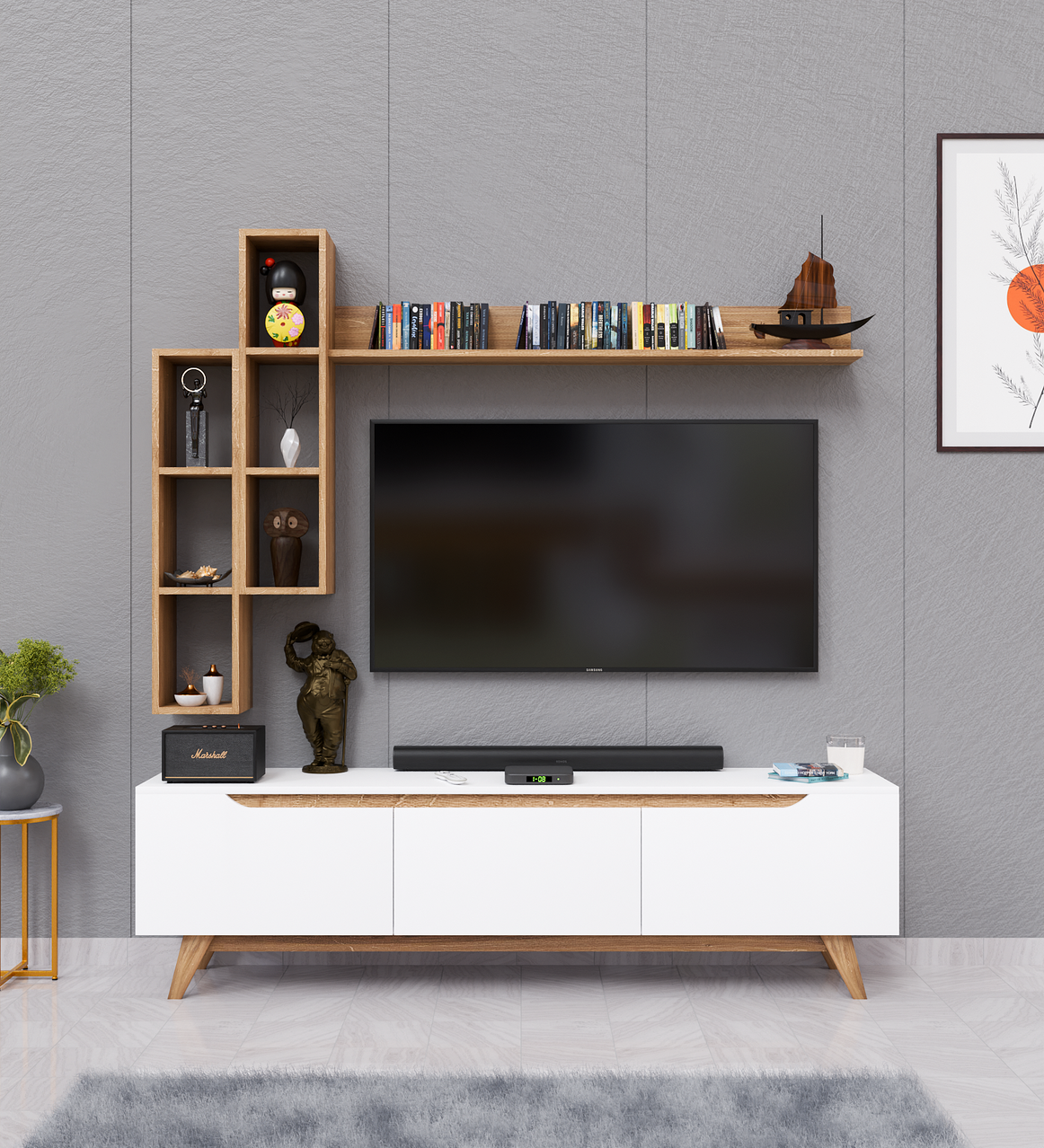 Spyder Craft D1 TV Unit With Wall Shelf Tv Stand With Bookshelf Wall Mounted With Shelf Modern Leg 180 cm White - Basket Walnut M16