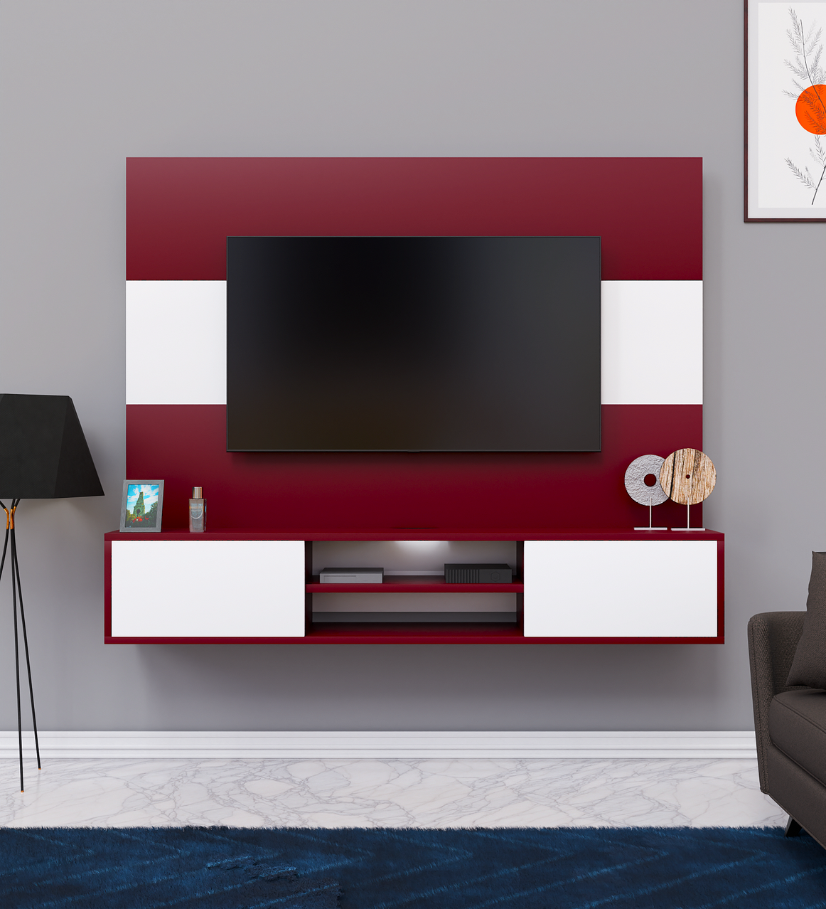 Spyder Craft Matte Finish Christie TV Unit Wall Mounted with Shelf for Living Room| Bedroom|Drawing Room Color: White & Burgundy || Assembly-DIY (Do-It-Yourself)