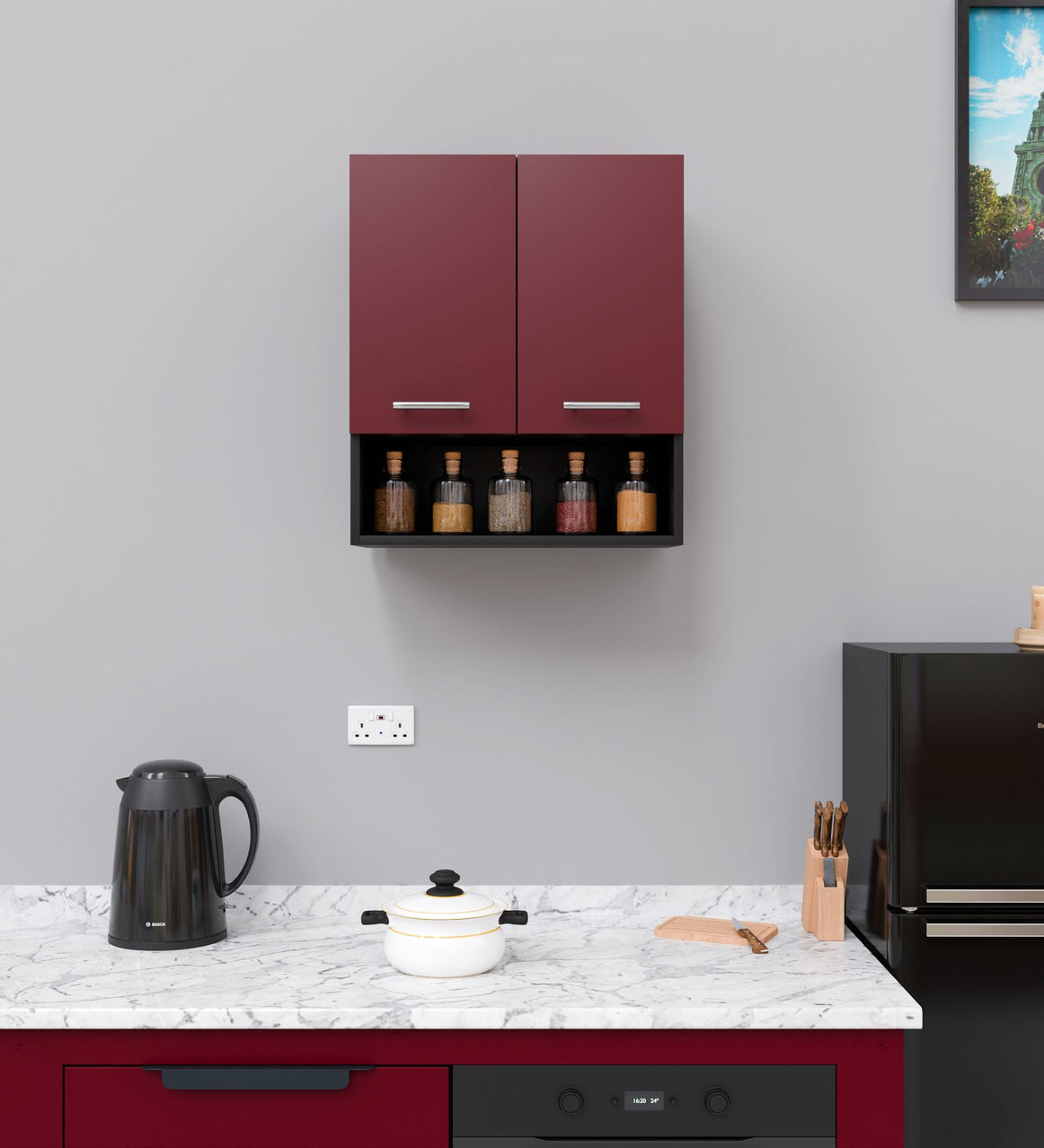 Spyder Craft 2 Door 125 Modern Kitchen Cabinet -Transform Your Space with Ample Storage,Chic Style & Easy Organization for Effortless Cooking||Color:-Black & Burgundy|| Assembly-DIY (Do-It-Yourself)