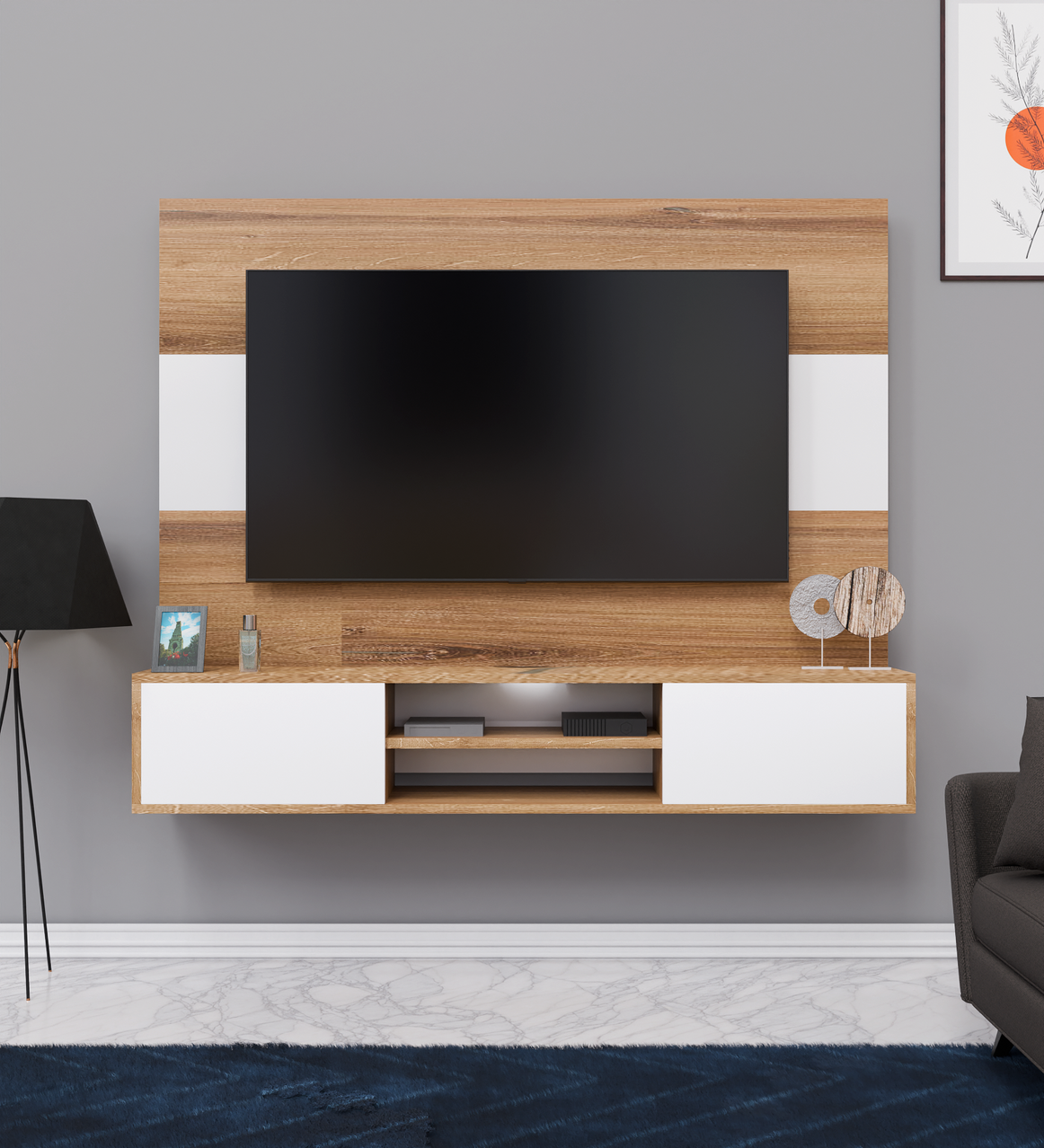 Spyder Craft Matte Finish Christie TV Unit Wall Mounted with Shelf for Living Room| Bedroom|Drawing Room Color: White & Canyon Oak || Assembly-DIY (Do-It-Yourself)