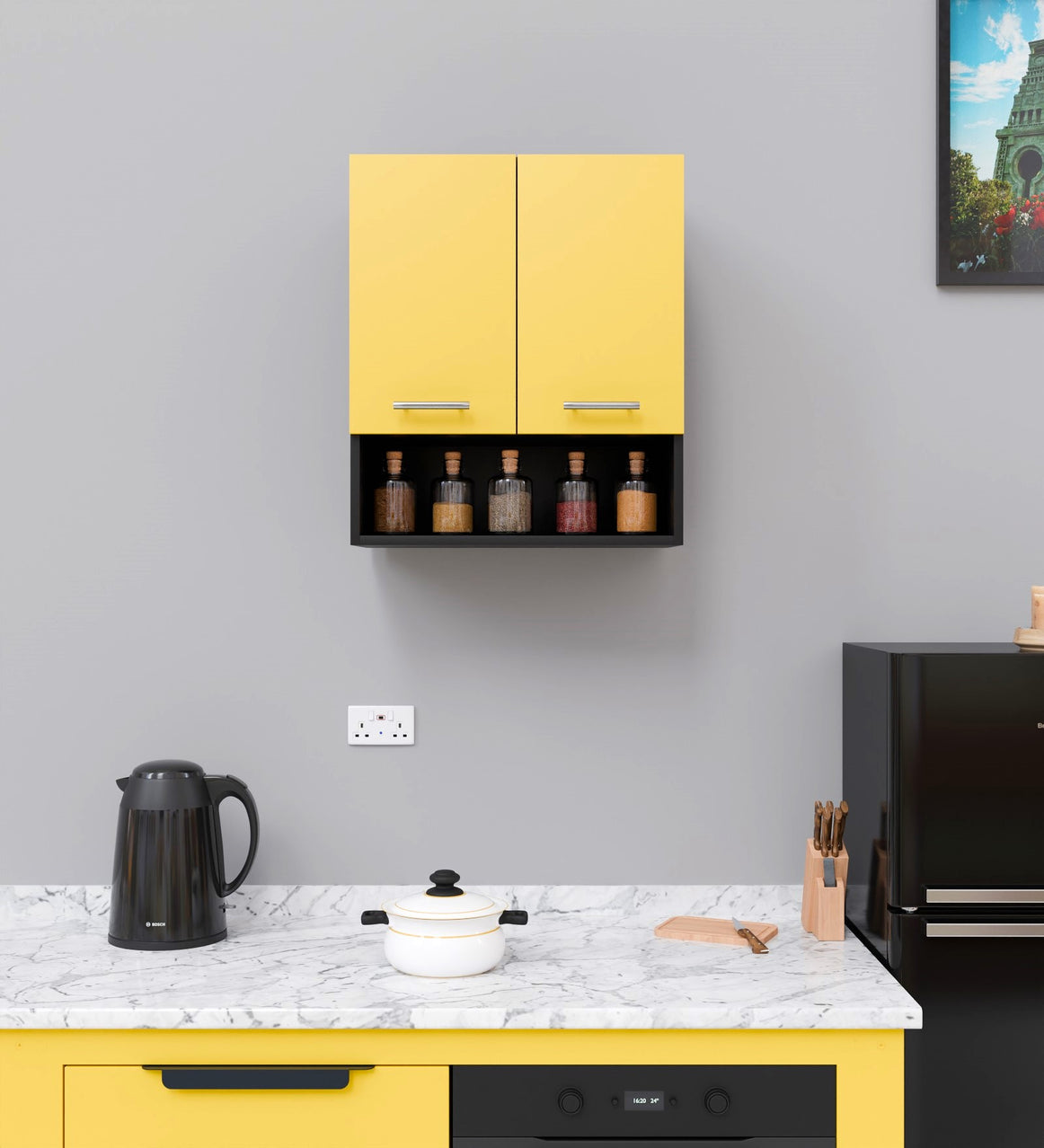 Spyder Craft 2 Door 125 Modern Kitchen Cabinet -Transform Your Space with Ample Storage,Chic Style & Easy Organization for Effortless Cooking||Color:-Black & Yellow|| Assembly-DIY (Do-It-Yourself)