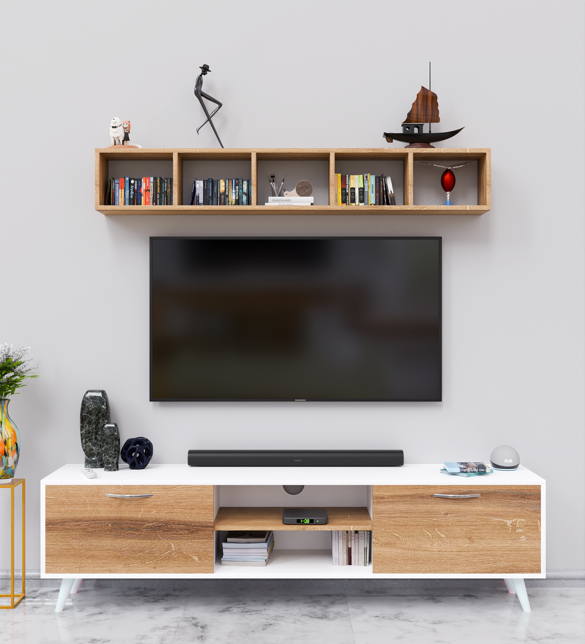 Spydercraft Matte Finish Sapphire TV Entertainment Unit| Color: Walnut Brown and White| Do- It-Yourself Product