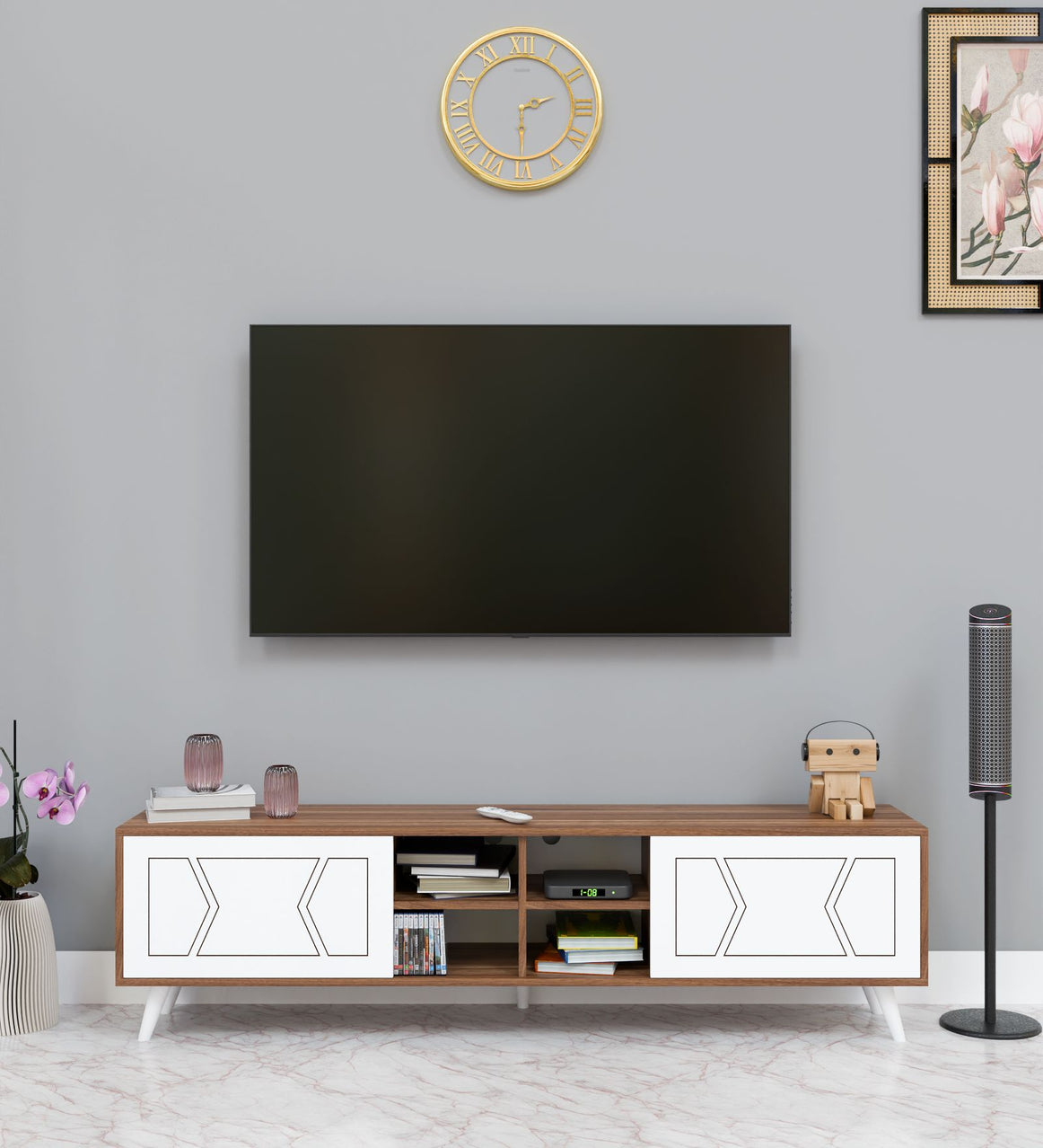 Spydercraft Matte Finish Flaire TV Unit| Color: White and Noce Lyon| Do- It- Yourself Product