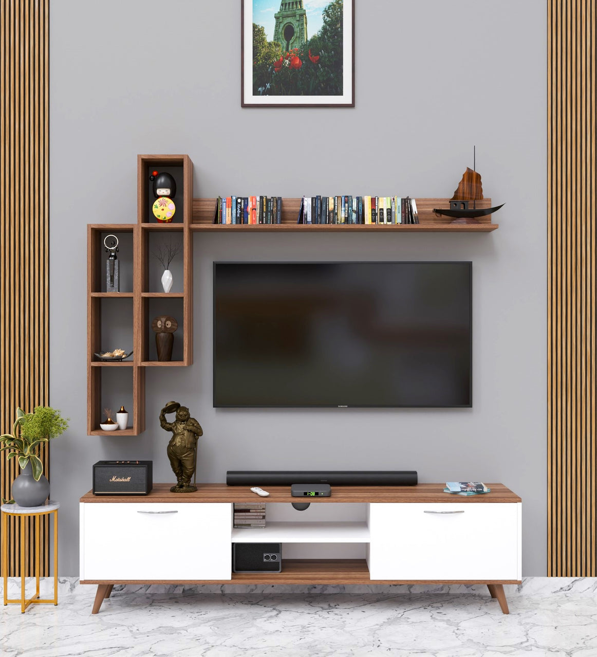 Spyder Craft A5 Tv Unit With Wall Shelf Tv Stand With Bookshelf Wall Mounted Shelves Modern Standing Basket Walnut - White M16