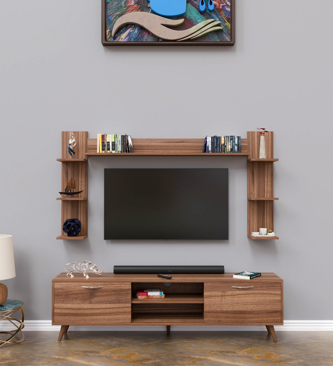 SPYDER CRAFT Matte Finish A9 TV Unit with Wall Shelf TV Stand with Bookshelf Wall Mounted with Shelf Modern Leg 180 cm Basket Walnut Color: Brown || Assembly -DIY (Do-It-Yourself)