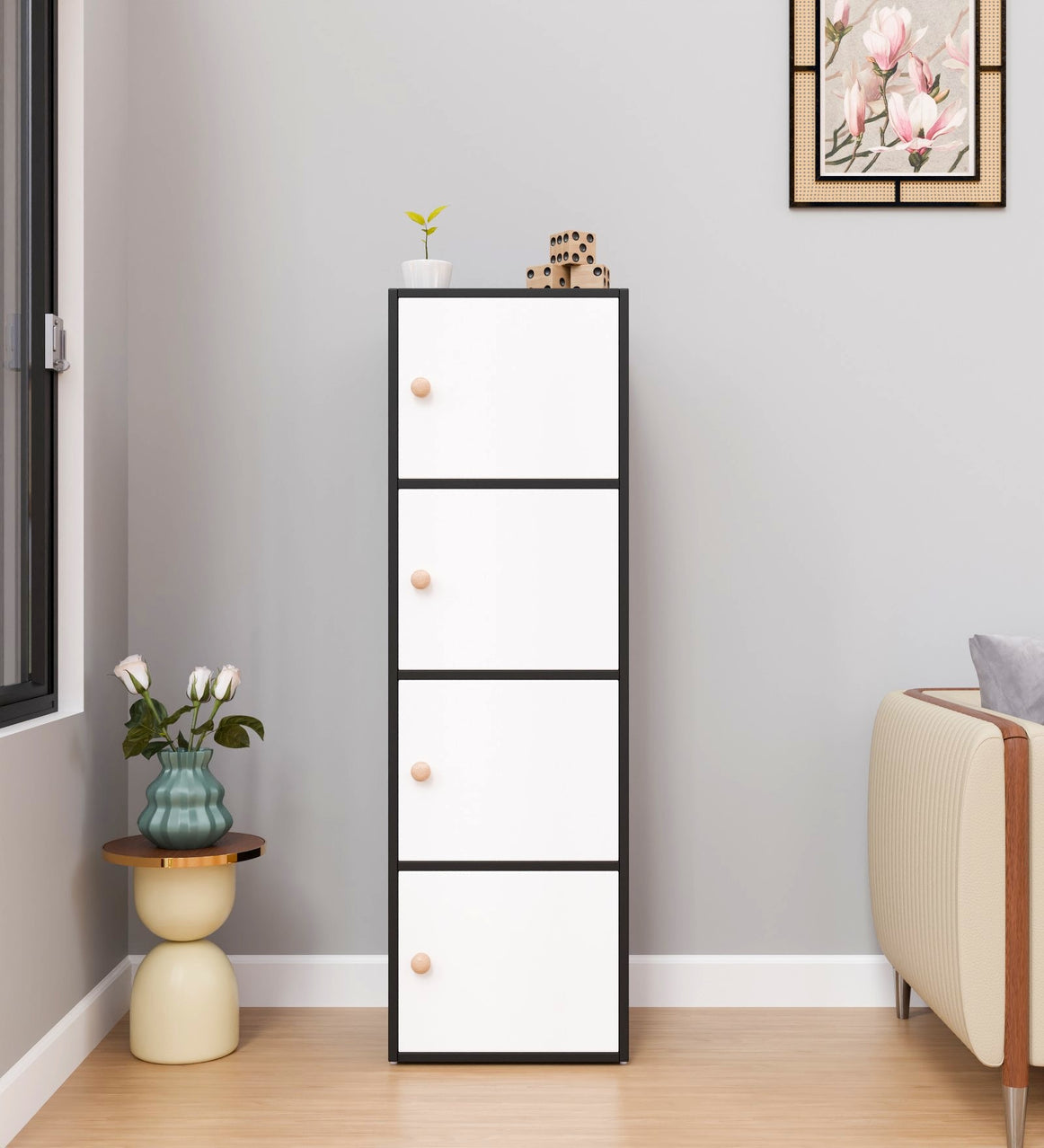 SpyderCraft Matte Finish Corso Multipurpose Storage Cabinet| Corso 4-Door Storage Cabinet – Black & White Wooden Organizer| Do-It-Yourself Product