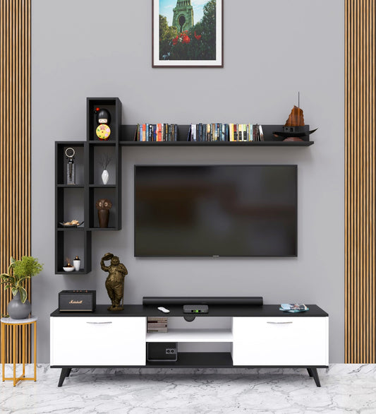 Spyder Craft Matte Finish B12 TV Unit with Wall Shelf TV Stand with Bookshelf Wall Mounted Size: 180 cm, Color: Black and White || Assembly -DIY (Do-It-Yourself)