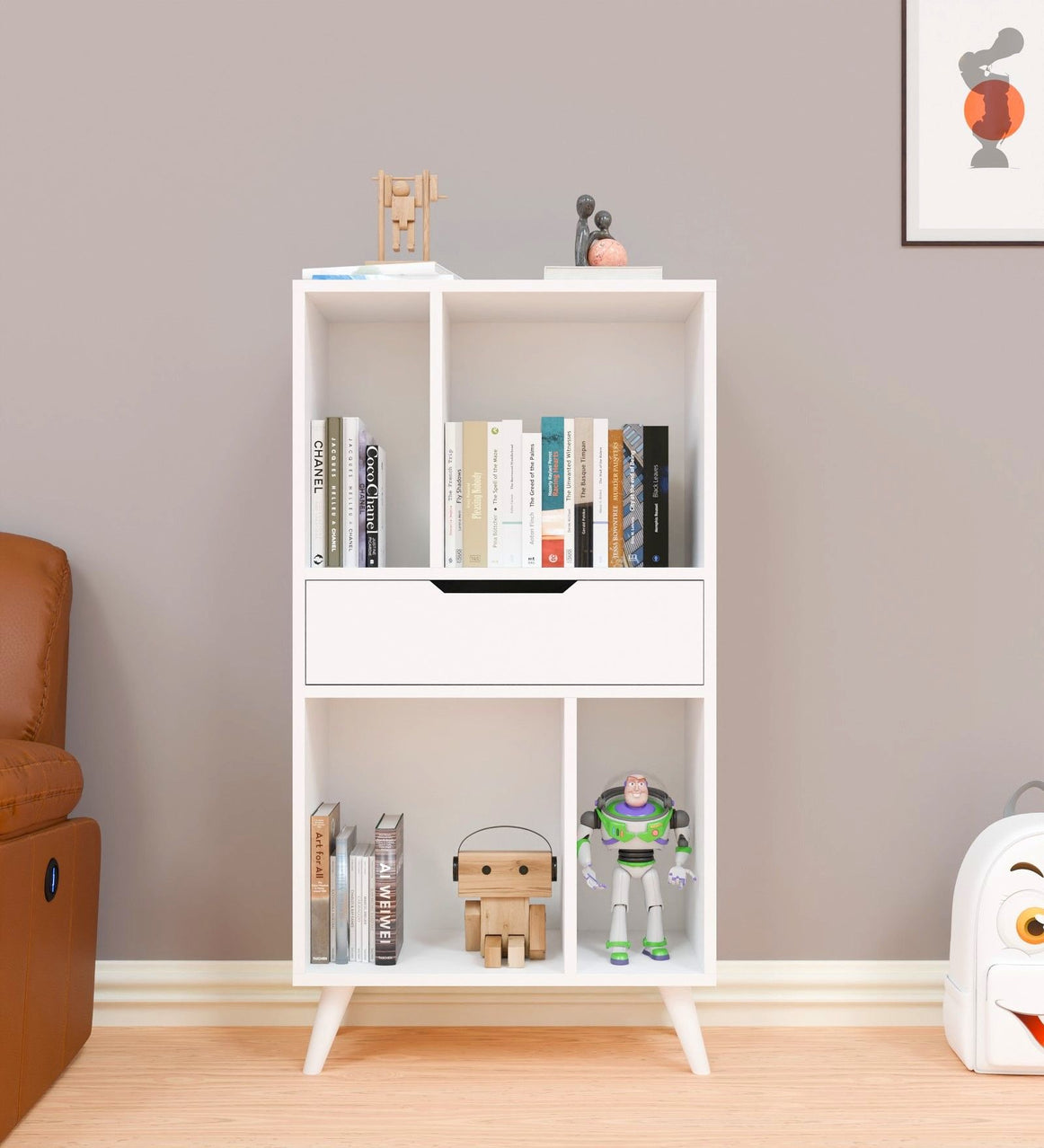 Spydercraft Matte Finish Snover Bookshelf| Modern White Bookshelf with Drawer – Stylish & Compact Storage Unit for Home & Office| Color: White| Do- It- Yourself Product