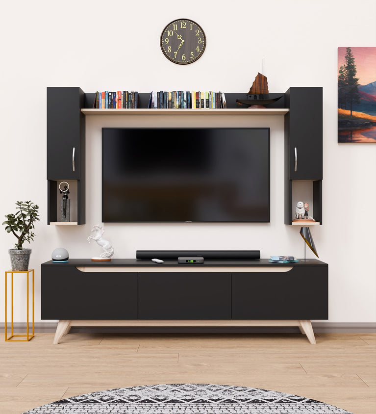 Spyder Craft Matte Finish D3 Black TV Unit with Wall Shelf, TV Stand with Bookshelf Wall Mounted with Shelf, Color: Black || Assembly-DIY (Do-It-Yourself)