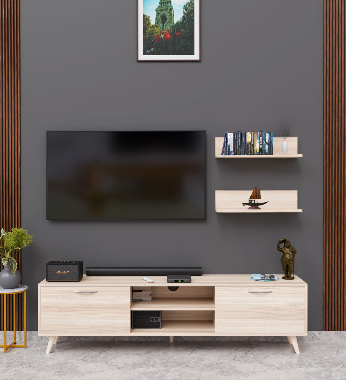 Spyder Craft A5 Tv Unit With Wall Shelf and Bookshelf Modern Free Standing Tv Stand Basket Walnut M48