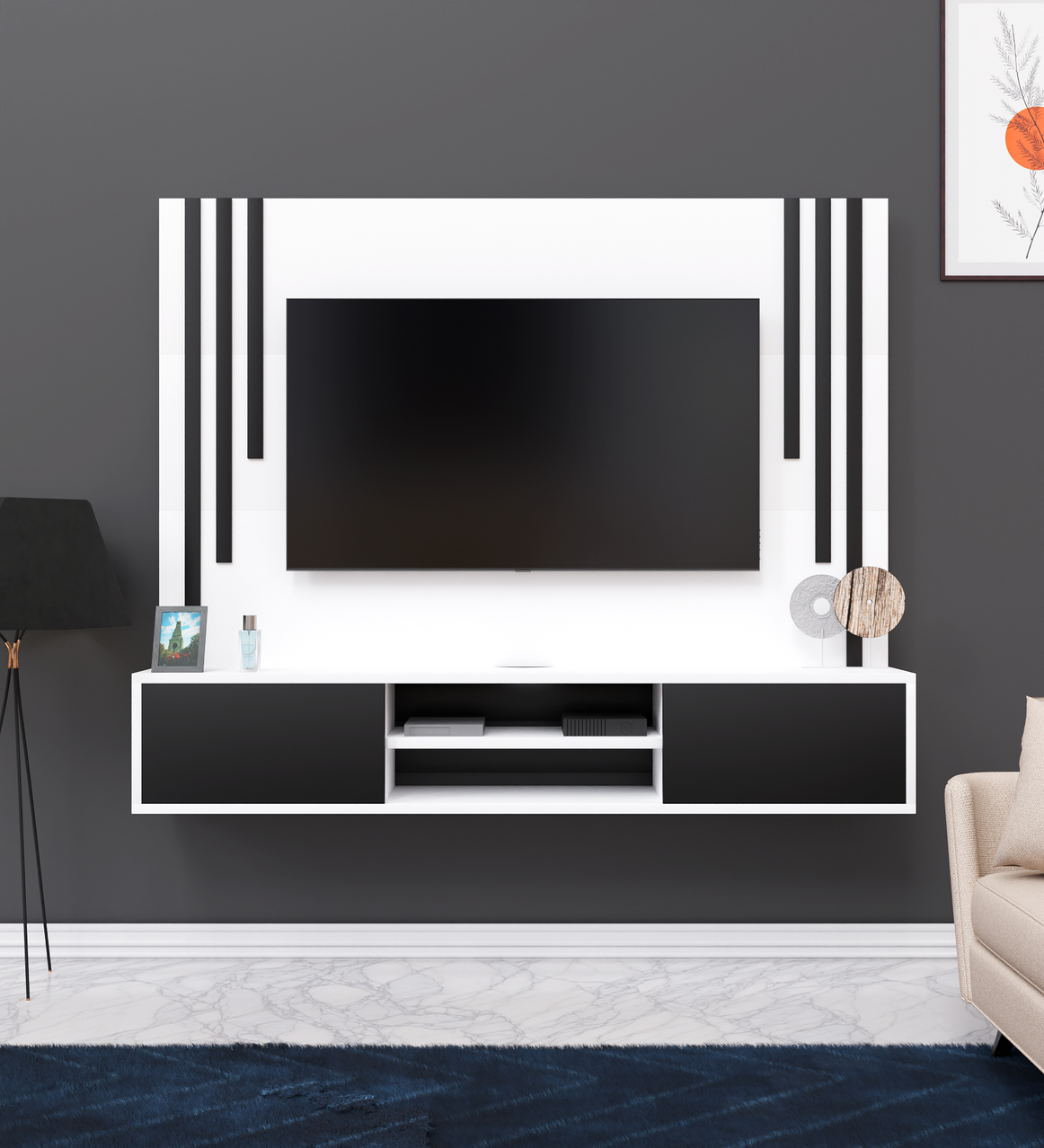 Spyder Craft Matte Finish Nelson TV Unit Wall Mounted with Shelf for Living Room| Drawing Room| Bedroom| Color: White and Black