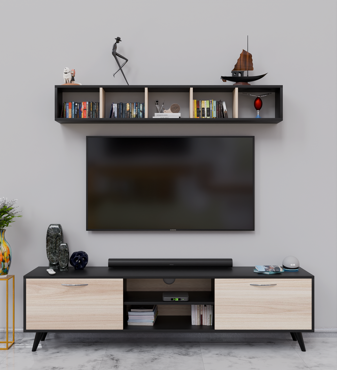 SPYDER CRAFT Sapphire Engineered Wood TV Entertainment Unit Stand Setup Box/TV Cabinet with Wall Mounted Cabinet for Books & Decor Display Unit- Black and Asian Walnut Light (Assembly-DIY)