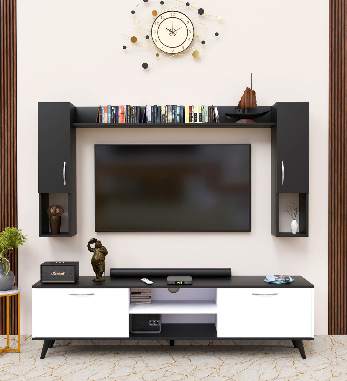 Spyder Home Decore Craft Matte Finish M5 Tv Unit with Wall Shelf, Wall Mounted with Shelf Modern Leg, 180 Cm Color: White and black|| Assembly -DIY (Do-It-Yourself)