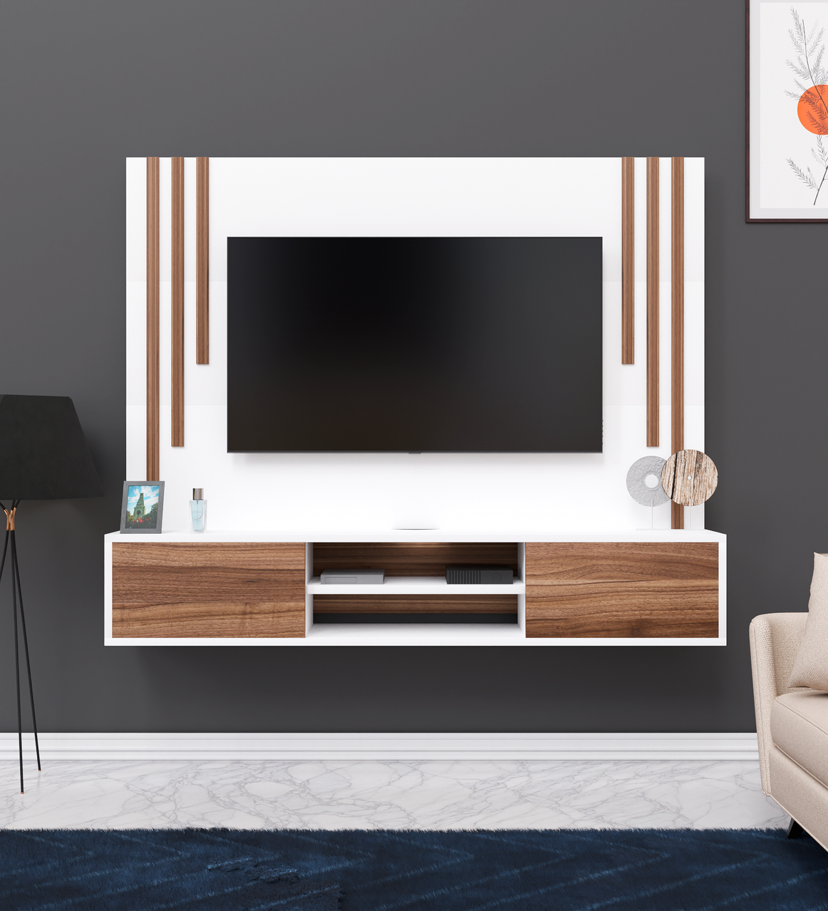 Spyder Craft Matte Finish Nelson TV Unit Wall Mounted with Shelf for Living Room| Bedroom|Drawing Room Color: White & Noce Lyon || Assembly-DIY (Do-It-Yourself)