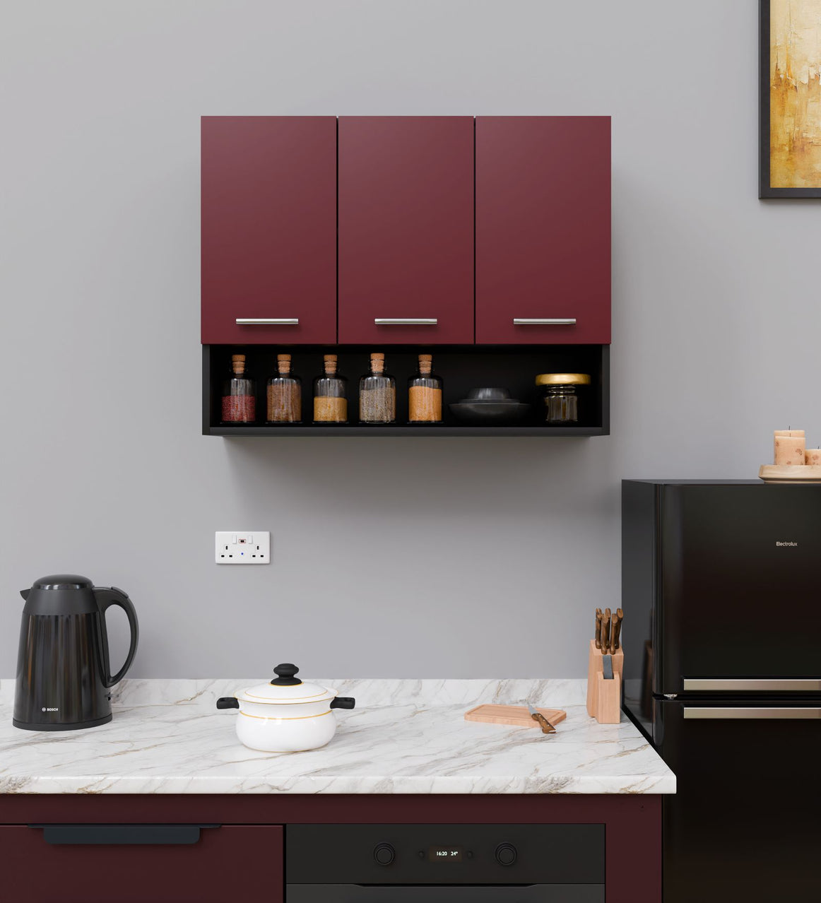 SPYDERCRAFT Matte FInish Blitz (Three Door) Kitchen Cabinet| Color: Burgundy and Black| Do-It-Yourself Product