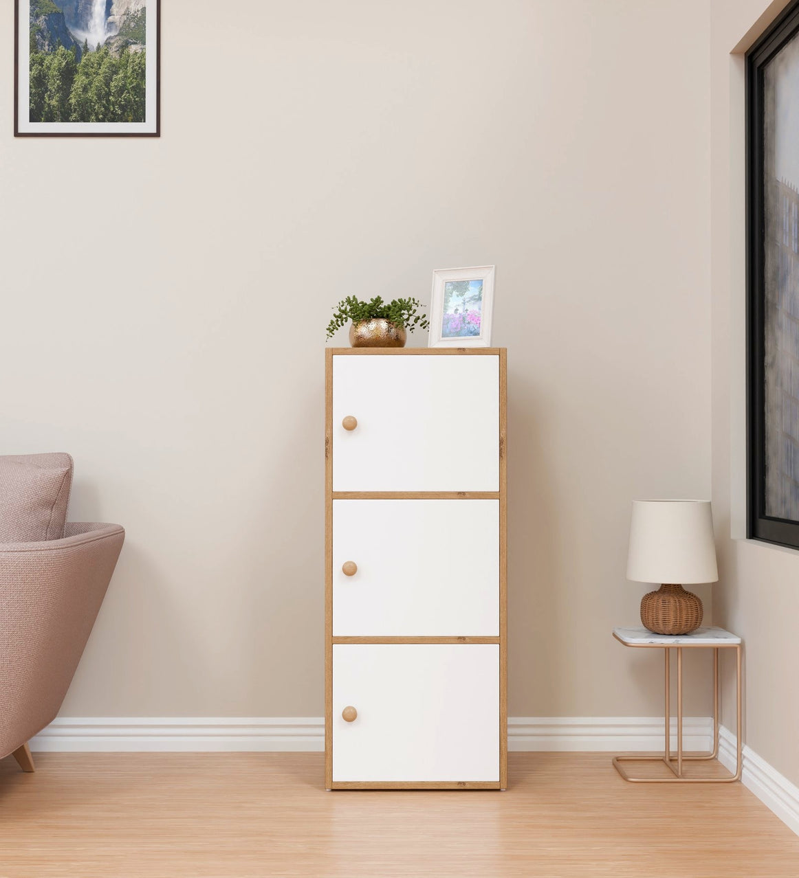 Spydercraft Matte Finish Dorio Multipurpose Storage Floor Mounted Cabinet| Modern 3-Door Storage Cabinet – Canyon Oak & White Wooden Organizer| Do-IT-Yourself Product