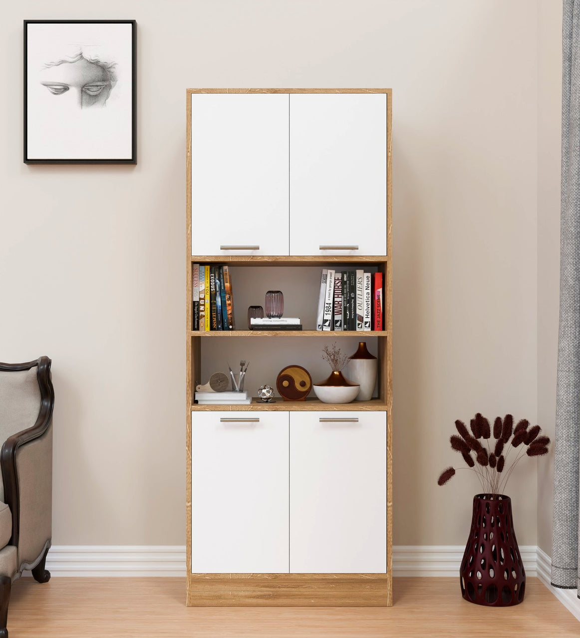 Spydercraft Matte Finish Cozy Castle Multipurpose Cabinet| Modern Multipurpose Storage Cabinet with Shelves – Elegant Black Finish| Color: Canyon Oak and White| Do- It- Yourself Product