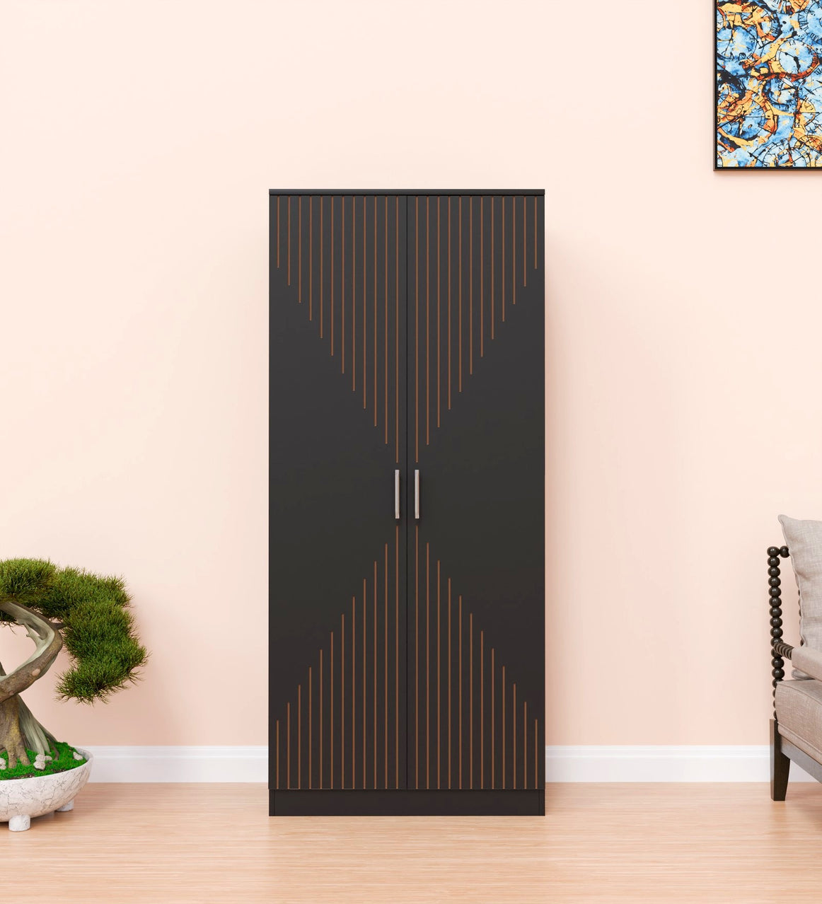 Spydercraft Matte Finish Albite Modern 2-Door Black Wardrobe with Vertical Gold Accents| Color: Black| Do-It-Yourself Product