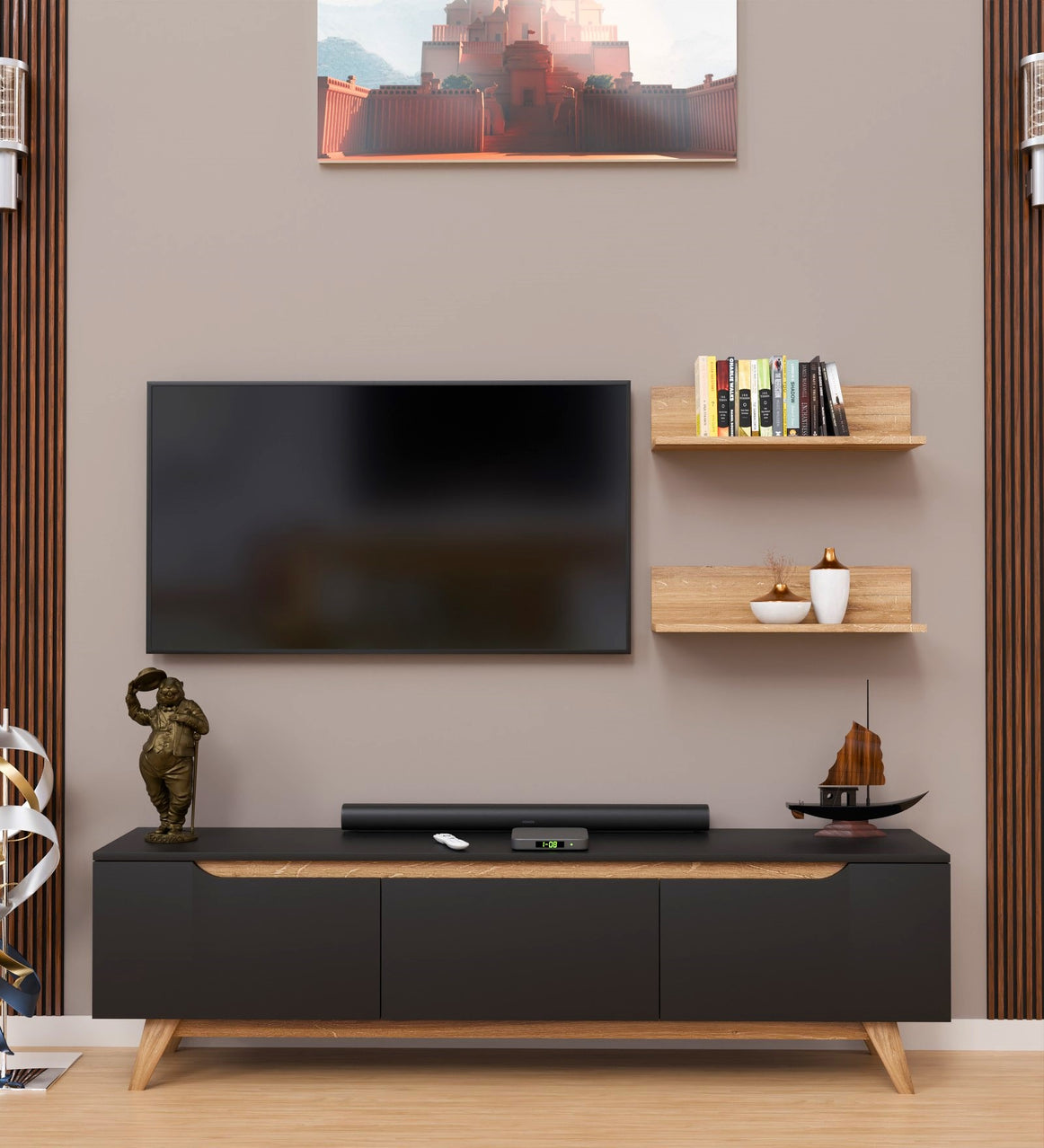 SPYDER CRAFT Lotus Engineered Wood TV Entertainment Unit Stand Setup Box/TV Cabinet with Wall Mounted Cabinet for Books & Decor Display Unit-Black-Walnut Brown (Assembly-DIY)