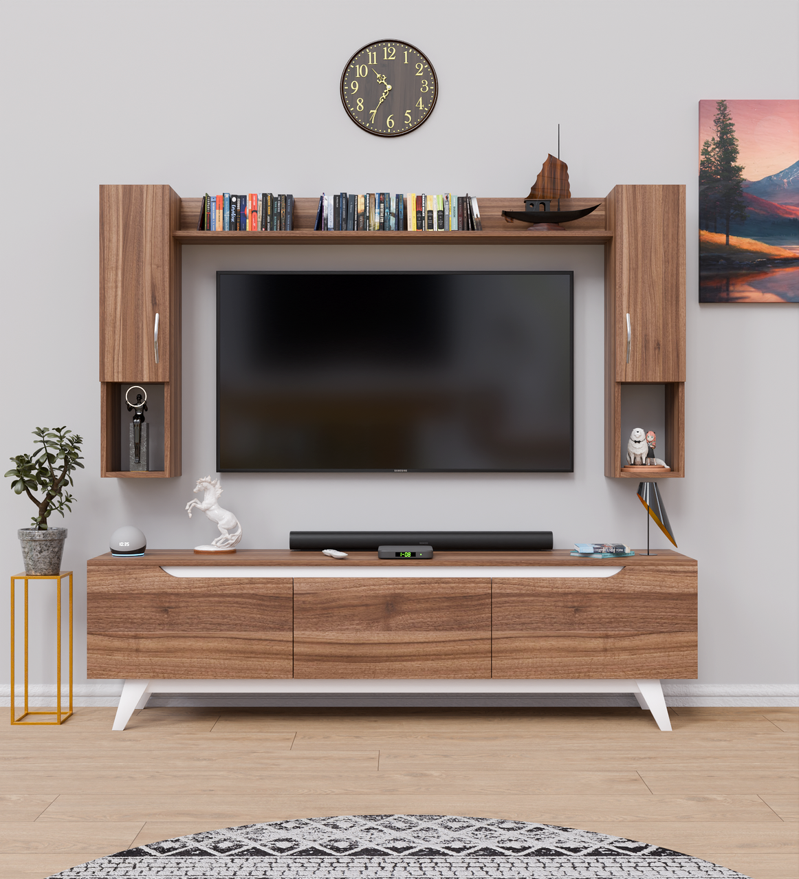 Spyder Craft Matte Finish M5 TV Unit with Wall Shelf TV Stand with Wall Mounted with Shelf for Living Room and Bedroom, Color: White - Miniature Walnut || Assembly -DIY (Do-It-Yourself)