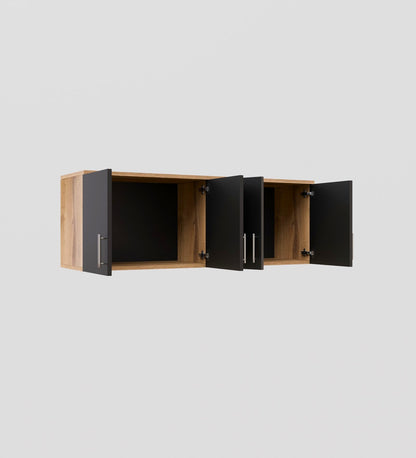 Spydercraft Wall Mounted Kitchen Cabinet – 4 Door Storage Unit (120 x 41 x 36 cm) | Canyon Oak & Black Finish| Do- It-Yourself Product