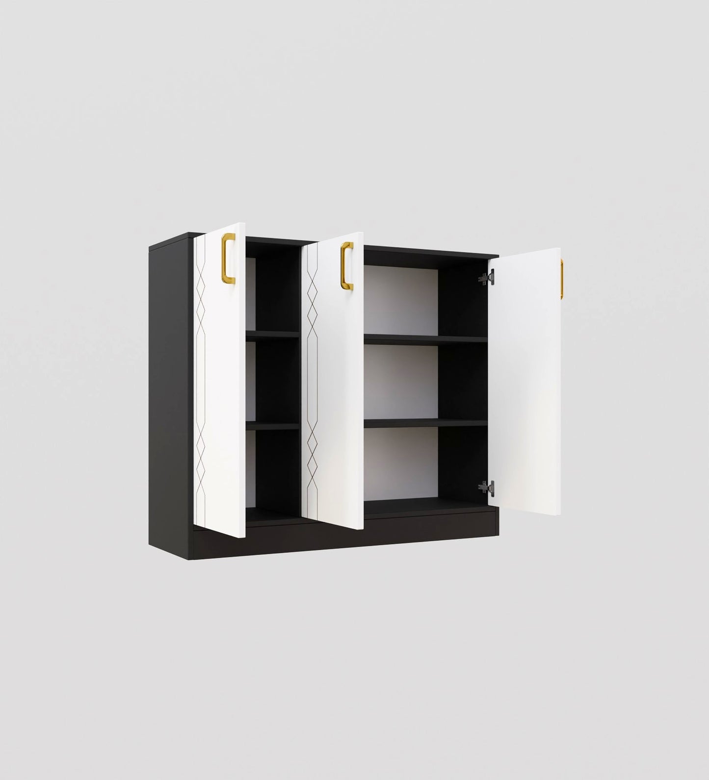 Spydercraft Lupin Multipurpose Cabinet – 3-Door Storage Unit (105 x 90 x 35 cm) | White & Black Finish with Geometric Design