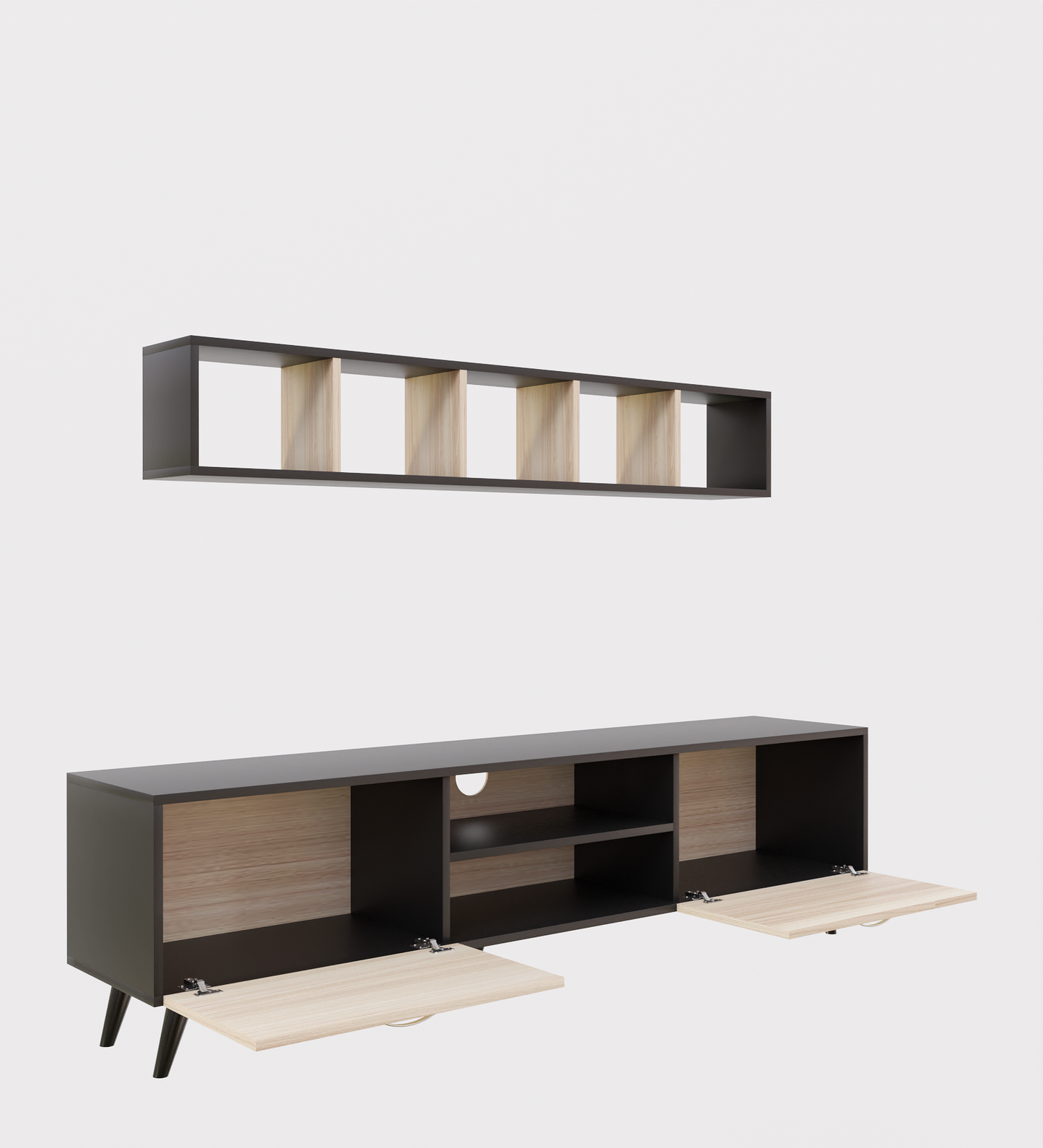 SPYDER CRAFT Sapphire Engineered Wood TV Entertainment Unit Stand Setup Box/TV Cabinet with Wall Mounted Cabinet for Books & Decor Display Unit- Black and Asian Walnut Light (Assembly-DIY)