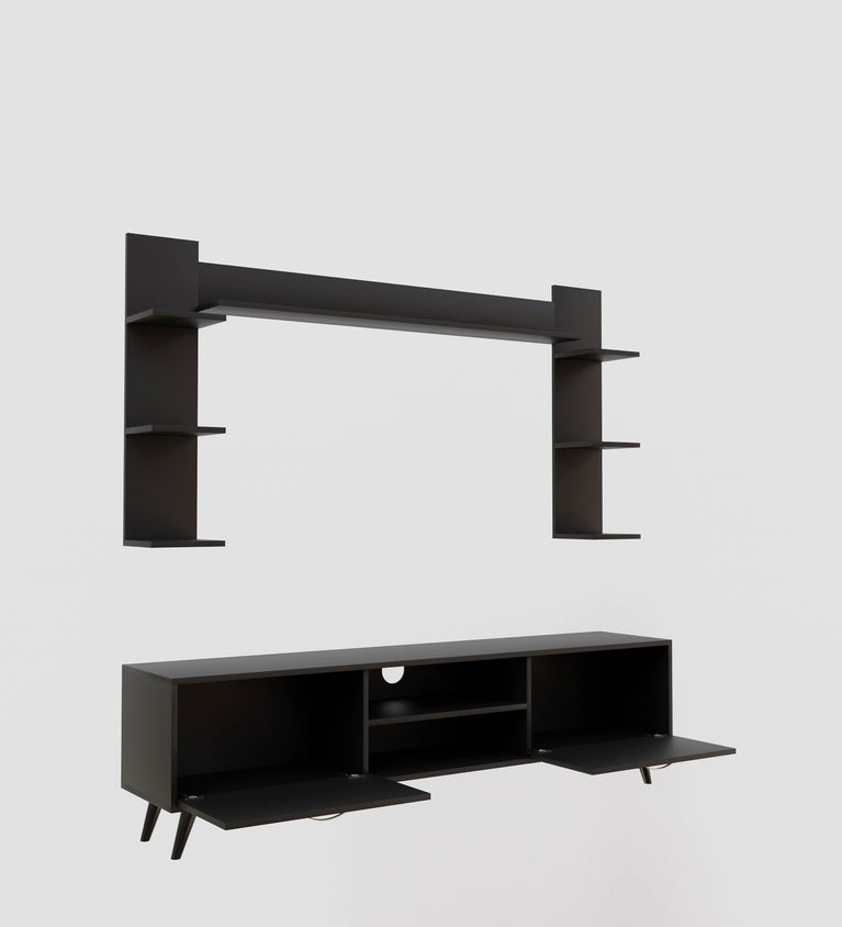 Spyder Home Decore Craft A9 Tv Unit with Wall Shelf Tv Stand with Bookshelf Wall Mounted with Shelf Modern Leg 180 Cm Basket Walnut Color: Black|Assembly -DIY (Do-It-Yourself), Engineered Wood