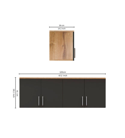 Spydercraft Wall Mounted Kitchen Cabinet – 4 Door Storage Unit (120 x 41 x 36 cm) | Canyon Oak & Black Finish| Do- It-Yourself Product