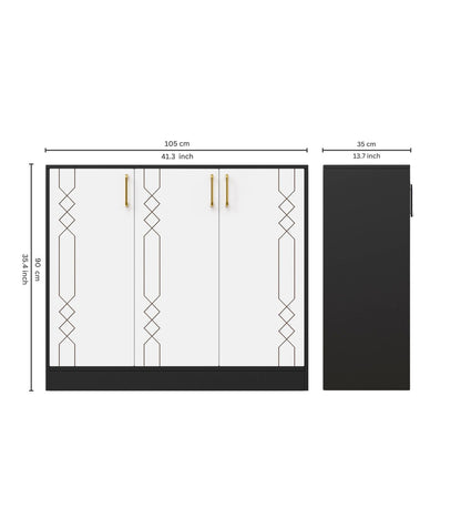 Spydercraft Lupin Multipurpose Cabinet – 3-Door Storage Unit (105 x 90 x 35 cm) | White & Black Finish with Geometric Design