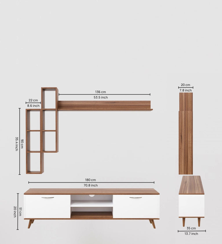 Spyder Craft A5 Tv Unit With Wall Shelf Tv Stand With Bookshelf Wall Mounted Shelves Modern Standing Basket Walnut - White M16