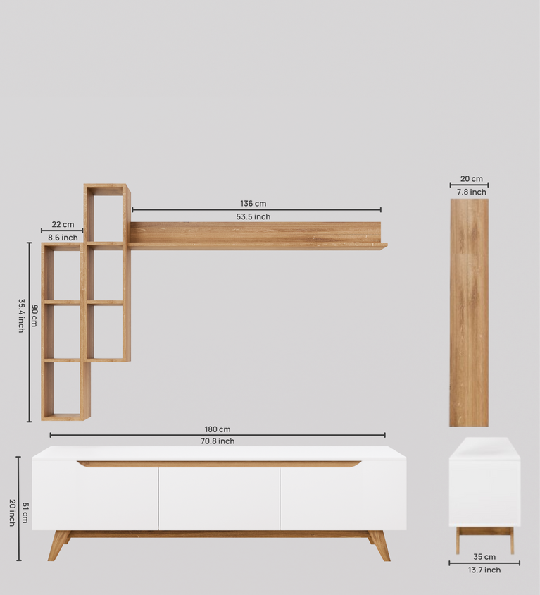 Spyder Craft D1 TV Unit With Wall Shelf Tv Stand With Bookshelf Wall Mounted With Shelf Modern Leg 180 cm White - Basket Walnut M16