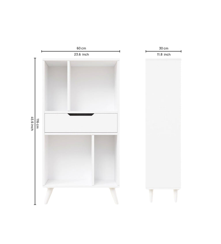 Spydercraft Matte Finish Snover Bookshelf| Modern White Bookshelf with Drawer – Stylish & Compact Storage Unit for Home & Office| Color: White| Do- It- Yourself Product