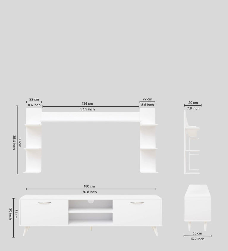 Spyder Craft A9 Tv Unit With Wall Shelf Tv Stand With Bookshelf Wall Mounted With Shelf Modern Leg 180 Cm Miniature White