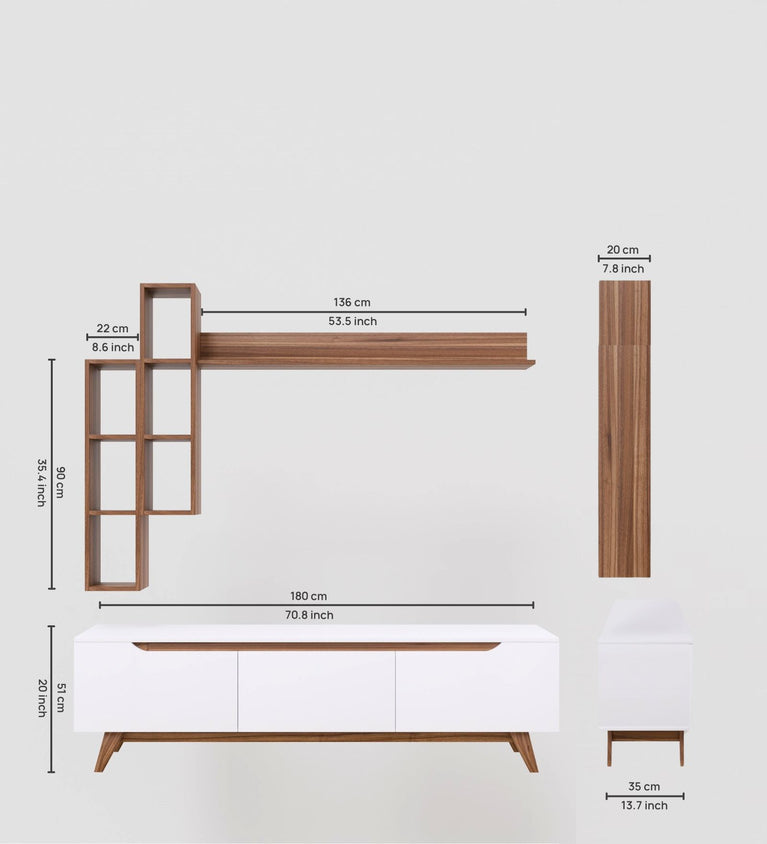 Spyder Craft D1 Tv Unit With Wall Shelf Tv Stand With Bookshelf Wall Mounted Shelf Modern Leg 180 cm White - Miniature Walnut M16