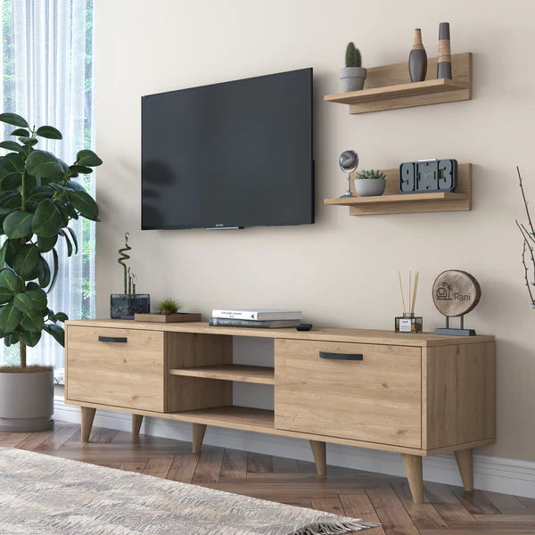 Spyder Craft A5 Tv Unit With Wall Shelf and Bookshelf Modern Free Standing Tv Stand Basket Walnut M48
