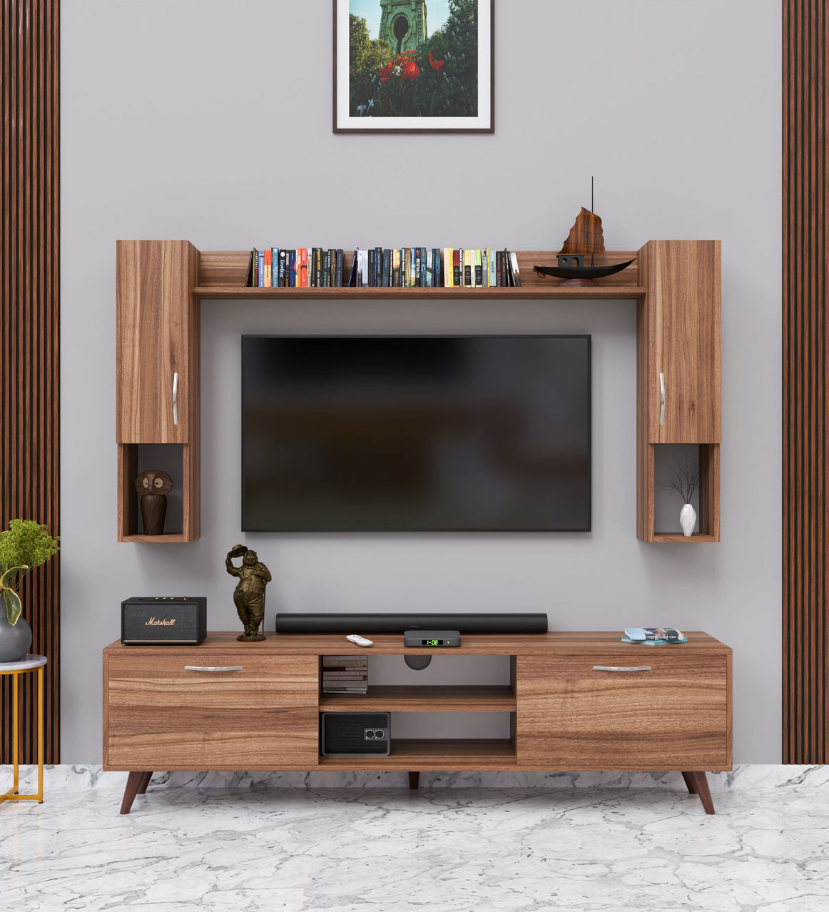 Spyder Home Decore Craft Matte Finish M5 Tv Unit with Wall Shelf, Wall Mounted with Shelf Modern Leg, 180 Cm Color: Noce Lyon || Assembly -DIY (Do-It-Yourself)