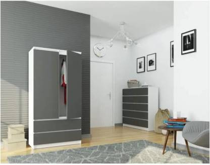 Spyder Craft Wardrobe with 2 Doors, 4 Shelves, Wardrobe, 2 Drawers, Wardrobe for Bedroom Engineered Wood 2 Door Wardrobe  (Finish Color - White & Grey, Pre-assembled)