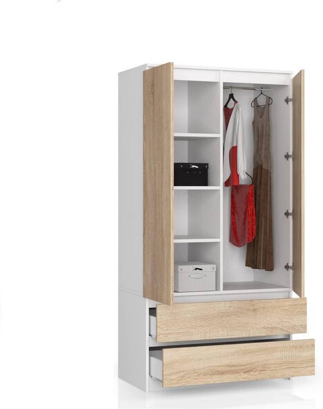 Spyder Craft Wardrobe with 2 Doors, 4 Shelves, Wardrobe, 2 Drawers, Wardrobe for Bedroom Engineered Wood 2 Door Wardrobe  (Finish Color - White & Sonoma Oak, Pre-assembled)